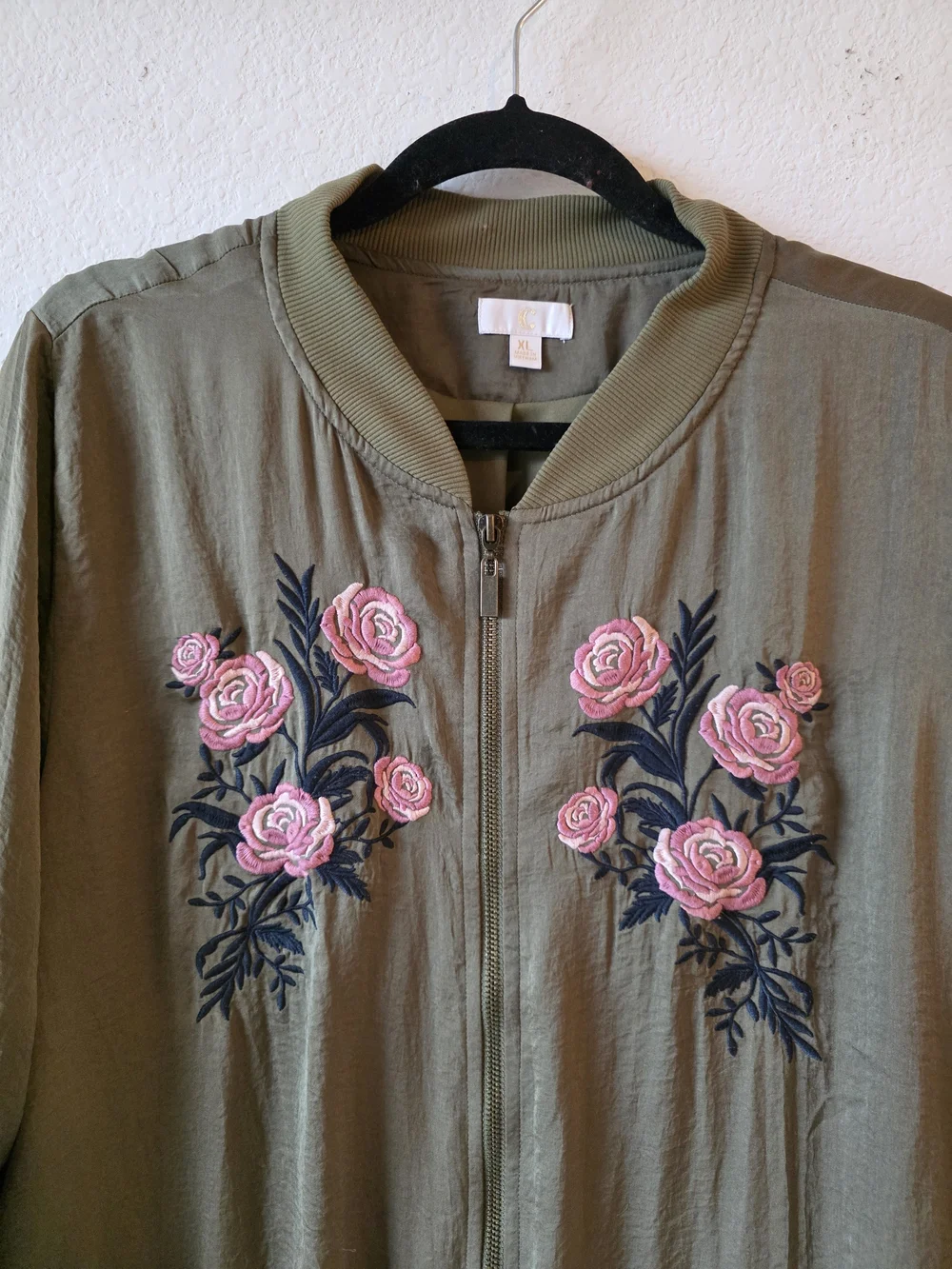 Women's Olive Green Embroidered Rose Bomber Jacket - Picture 5 of 9